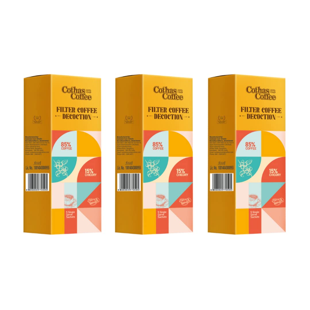 Cothas Premium Filter Coffee Decoction, Blend of 85% Coffee 15% Chicory, Roasted Coffee Beans Original South Indian Filter Coffee with Fresh Aroma & Strong Taste, Ideal Choice for Coffee Connoisseurs, Pack of 3 (5 x 20 ml sachets per box) (B0BPSFWKCV) Amazon Price History, Amazon Price Tracker