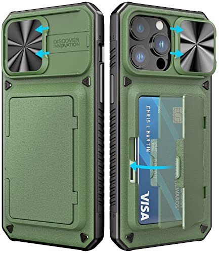 Image of Vihibii for iPhone 14 Pro Max Wallet Cover with Card Holder (Storage 4 Cards), Slide Camera Cover & Kickstand, [Military Grade Drop Protection] Phone Case for i14 Pro Max 6.7 inch (2022), Green
