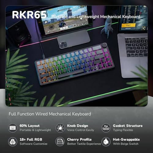 Image of RK ROYAL KLUDGE R65 Wired Gaming Keyboard with Volume Knob, 60% Percent RGB Backlit Mechanical Keyboard, Side Printed PBT Keycaps, QMK /VIA, 66 Keys Hot Swappable Beige Switch, Gradient Black