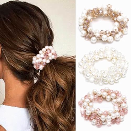 Banatra Pearl Scrunchies Rhinestone Ponytail Holder Fancy Hair Tie Sparkly Hair Accessories for Women and Girls