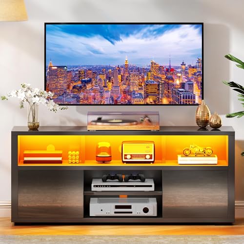 DWVO LED TV Stand for 55 Inch TV, Entertainment Center with 2 Storage Cabinet, 5 Open Shelves, Modern High Glossy Wood TV Console Table for Home, Living Room, Gaming Media Stand, Black