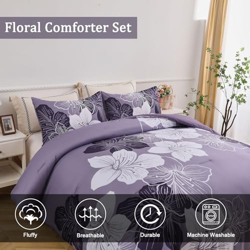 Menghomeus Queen Comforter Set Dark Purple Floral Bedding Comforter Sets - Soft Microfiber Bed Comforter Set for All Season, 3 Piece Botanical Flowers Comforter, Pillowcases - Image 5