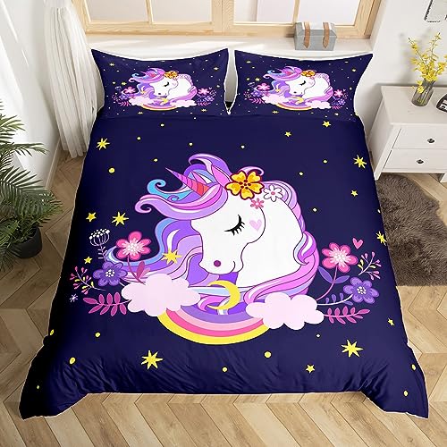 Homemissing Licorne Housse De Couette Enfant Unicorn 140x200 Fille Violet Licorne Literie Fleur Cheval Literie Set Rose Jaune Arc en Ciel Housse De Couette...