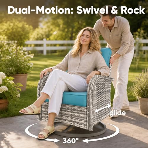 Image of Outdoor PE Wicker Rattan Modular Patio Sectional Sofa Set | 13-PC: 6 Modular Seats, Coffee Table, Swivel Rocking Chairs, Side Table, Ottomans & 55,000 BTU Fire Pit Table, Lake Blue