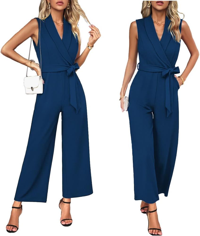 JTNFairy Summer Jumpsuits for Women Dressy Casual Sleeveless One Piece Outfits High Waisted Wide Leg Pant Long Rompers - Image 3
