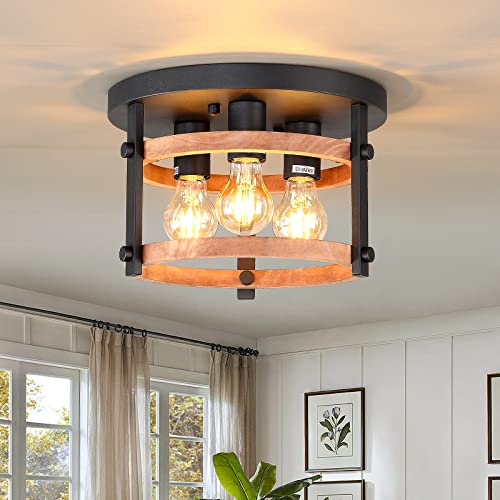 3-Light Flush Mount Ceiling Light Fixture Rustic Black Metal Ceiling Lights Oak Wood and with E26 Farmhouse Ceiling Lamp for Kitchen Island Bedroom Dining Room Bathroom Entrance 3-Light Flush Mount Ceiling Light Fixture Rustic Black Metal Ceiling Lights Oak Wood and with E26 Farmhouse Ceiling Lamp for Kitchen Island Bedroom Dining Room Bathroom Entrance
