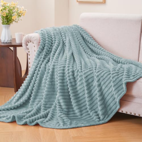 Image of BEDELITE 3D Ribbed Grey Blue Fleece Throw Blanket for Couch, 50x60 Inch