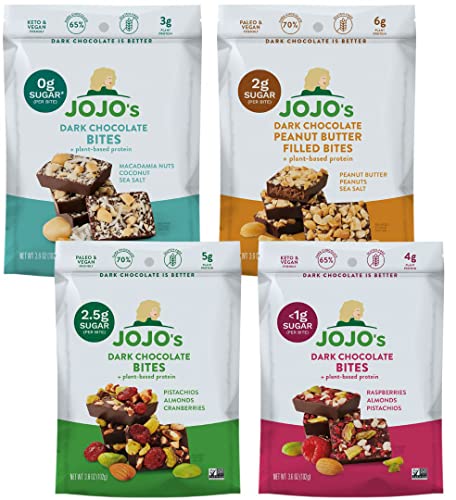 Jojo's Dark Chocolate Bites Made With Hemp, Plant Based Protein, Low Sugar, Low Carb, Vegan, Paleo & Keto Friendly, Healthy Snack, Variety Pack, 3.9Oz Bag (4 Count) #TOP9