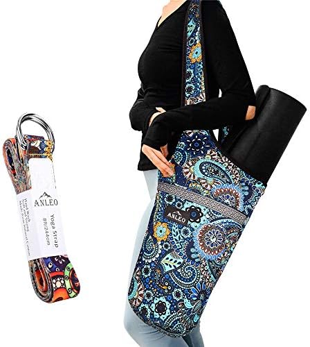 Anleo Yoga Mat Bag + Yoga Strap Set, Heavy Duty Cotton Shoulder/Cross-Body Yoga Mat Carry Bag with Large Size Outside Pocket and Inside Zipper Pocket, Fit Most Size Mats