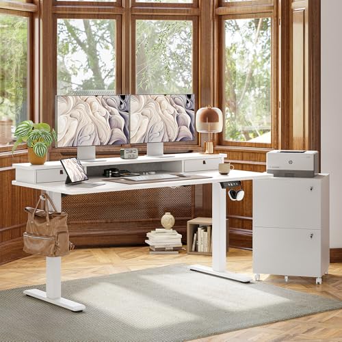 Image of TIQLAB Standing Desk with Two Drawers, Stand Up Standing Desk Adjustable Height, Electric Sit Stand Table with Storage Shelf and Splice Board, 63 * 24 inch, White