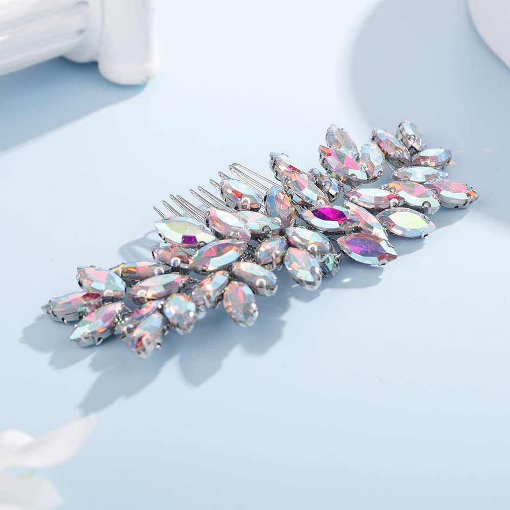 Teyglen Peine para el pelo con diamantes de imitación para mujer, peine lateral brillante para novia, color AB, metal, 15 cm, accesorio de lujo para el cabello para ocasiones especiales