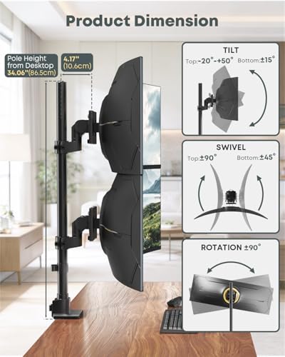 Image of Dual Monitor-Arm Ultrawide Heavy Duty - 24-57 inch Vertical Dual Monitor Mount, Adjustable Stacked Double Monitor Desk Mount Stand, Max Load 59.4 lbs (per Arm), VESA 75 /100 mm, Black