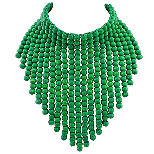 Coiris Boho African Wooden Beaded Bib Statement Necklace Strands Layered Cluster Chunky Collar Choker Wood Necklace for Women Fashion Costume Jewelry (N0065-Green)