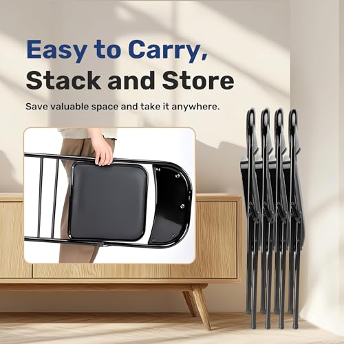 Image of Simple Deluxe Dining Chairs Set of 4, Leather Cushion Foldable Contemporary Kitchen Side Chair with Padded Back & Sturdy Metal Legs, Upholstered Seat for Home /Living Room /Bedroom /Cafe, Black
