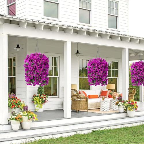 Image of INSPRING Artificial Bougainvillea Faux Flowers Plants Baskets for Outdoor Outside Decoration, 3PCS Fake Silk Flowers Long Trailing Vines UV Resistant Realistic for Front Door Porch Patio (Purple)
