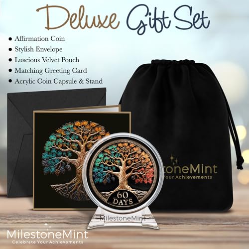 Image of MilestoneMint 60 Days Sobriety Coin Tree of Life Gift Set | Anniversary Sobriety Gifts for Men & Women | AA Coins and Medallions with Token Capsule, Stand & Card | 3D Texture, Recovery AA Chips