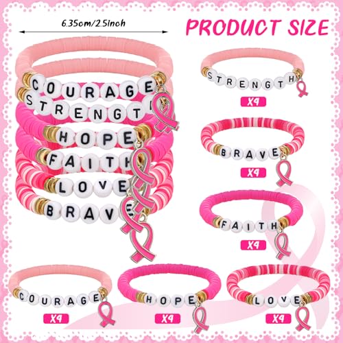 24 Pcs Pink Ribbon Charm Breast Cancer Awareness Bracelets Bulk Breast Cancer Awareness Accessories Polymer Clay Letter Beaded Stretch Bracelets Survivor Gifts for Women Encouragement Items2