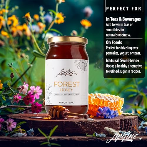 Image of Apifine Raw Forest Honey - 100% Pure, Cold-Extracted & Natural | Unprocessed, Unfiltered, No Added Sugar | Wild Forest Honey in 500g Glass Jar