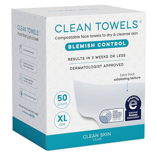Clean Skin Club Blemish Control Clean Towels® XL, Compostable Face Towels, Light Exfoliation for Oily Skin, Eczema Association Accepted Disposable Face Towelette, Makeup Remover Dry Wipes, 50 count