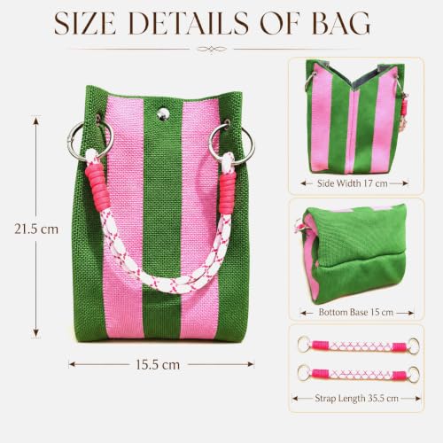 Image of Kawn Knit Crochet Tote Bag for Women - Striped Bucket Style Shoulder Handbag | Lightweight Boho Beach Purse for Travel, Vacation & Casual Use