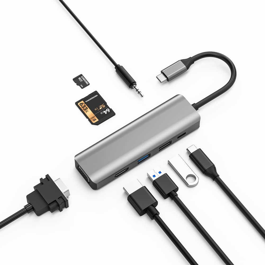 Adaptateur Hub USB 8 en 1, Type C vers 4Kx2K @ 30Hz - Compatible VGA USB 3.0 Station d'accueil SD/TF Lecteur de carte SD/TF, TS08