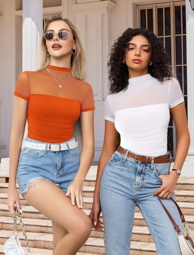 Image of Avidlove Women's Short Sleeve Bodysuit Turtle Neck Body Suits Mesh One Piece Leotard Going Out Tops Date Outfits