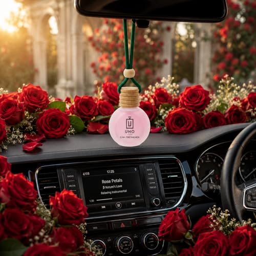 Image of UNO AROMA Rose Car Air Freshener, 15ml, Long Lasting Hanging car perfume, Toxin-Free Oil in Glass Bottle with Wooden Diffuser, Car Accessories for fresh aroma, Last Upto-60 Days