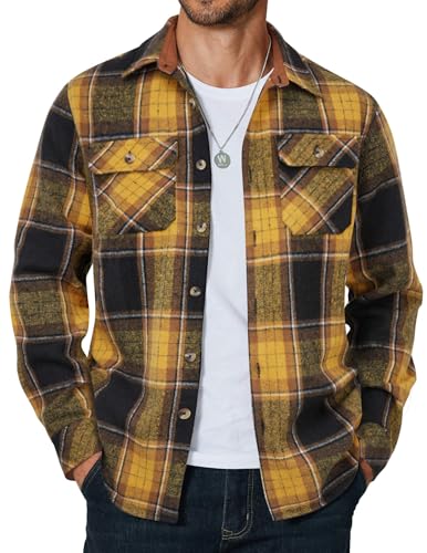 COOFANDY Men's Long Sleeve Flannel Shirts Fashion Plaid Jacket Casual Button Down Shirt with Pockets Black Yellow