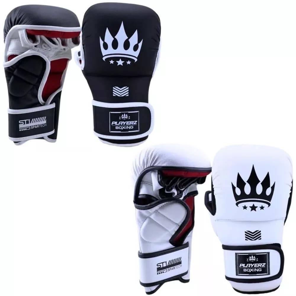Playerz SparTech MMA Sparring Gloves – Vegan Microfibre, Dual-Layer Foam, Open Palm for Grappling & Striking Mitts, Curved Punch Zone, Adjustable Wrist Strap – Black/White (S–XL)