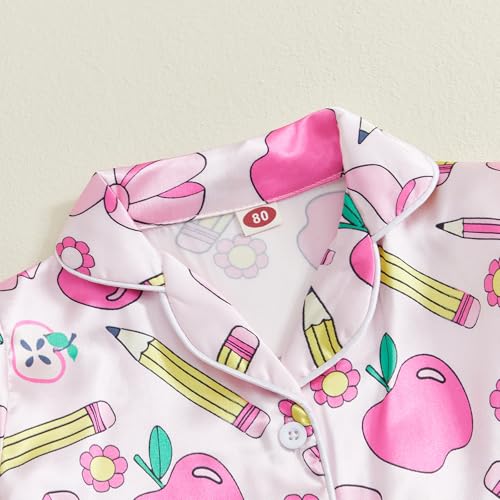 Toddler Girls Back to School Silk Pajamas Long Sleeve Apple Pencil Bow Print Shirt + Pants First Day of School Outfit3