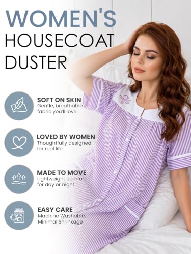 Image of Casual Nights Women's Snap - Front House Dress Short Sleeve Woven Housecoat Duster Lounger Robe with Pockets