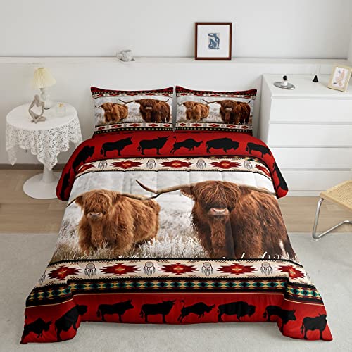 Highland Cow Comforter Set Ethnic Tribe Arrow Longhorn Bull Cattle Bedding Set,Cowgirl Farm Animals Duvet Insert Exotic Nordic Style Dream Catcher Quilt Queen,African Tribal Geometry Room De