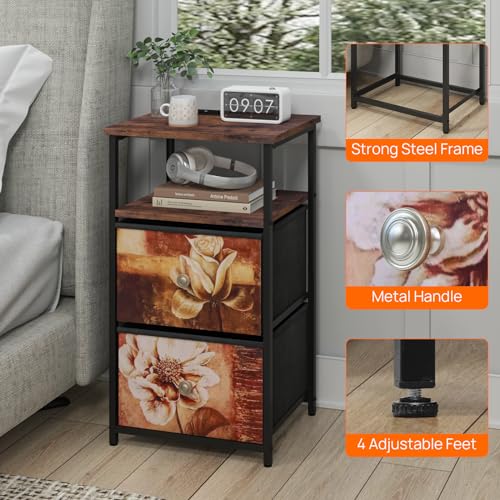 Image of ALBAD Nightstand with Charging Station and LED Lights, Brown Flower Drawers
