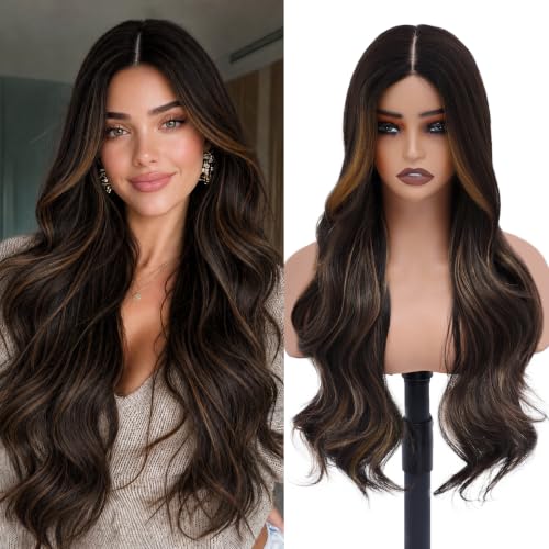 26-inch brown-highlight waves with a big 4x4 realistic scalp — 4.4 stars.