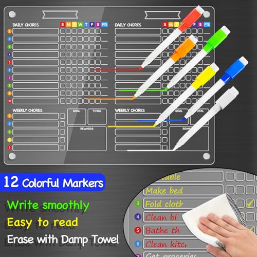 Image of PigPotParty 2-in-1 Acrylic Magnetic Chore Chart for 2 Kids, Large 16x12 in