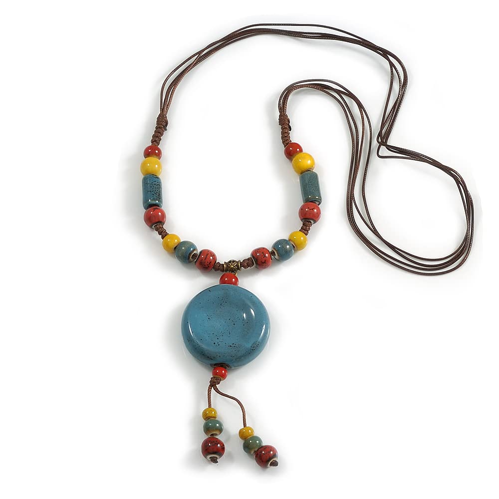 Avalaya Set Gioiello Collana E Orecchini Pendenti Con Perline In Ceramica Multicolore E Corda Marrone, Lunghezza Regolabile 48-56 Cm, Fatto A Mano, Floreale