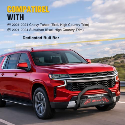 Image of Nilight Bull Bar with Light fits 2021-2024 Chevy Tahoe /Suburban(Excl. High Country Trim Front Bumper Grille Brush Push Guard with Skid Plate Licence Plate Hole Black