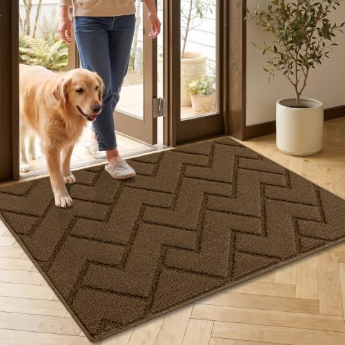 Image of hicorfe Front Door Mat Outside Entrance,24 inchx35 inch Absorbent Muddy Dirt Resist Welcome Door Mats Outdoor Indoor,Stain and Fade Resistant,Non Slip Backing Entry Mat Doormat for Entryway (Dark Brown)