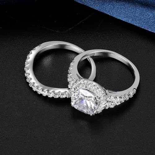MDFUN Two-in-One Halo Engagement Rings Set for Women S925 Sterling Silver Faux Diamond Cubic Zirconia Wedding Promise Stackable Eternity Band Size 5-104
