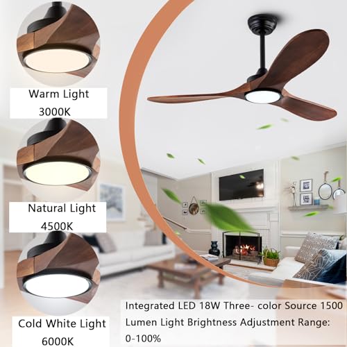 Image of 42-inch silent ceiling fan light with remote control, 3CCT, walnut finish.