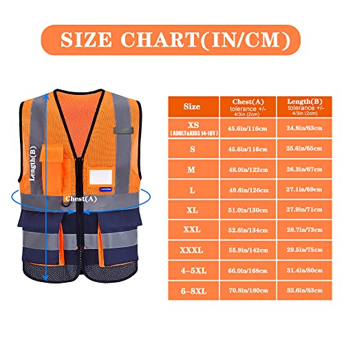 Image of High Visibility Mesh Vest with Breathable, Zipper, Orange /Navy, L | Orange /Navy L mesh vest with 7 pockets, reinforced zipper pockets and black front zipper for road work; unisex workwear.