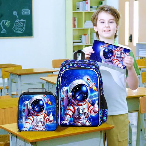 Image of HPJGD 3PCS Astronaut Bookbag for Boys, Water Resistant Kids Backpack Set with Lunch Box, Cool School Bag for Elementary Preschool Toddler - Thumbs-Up Astronaut