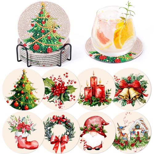 Christmas Diamond Art Coasters GOH DODD Set of 8 Diamond Painting Kit Art Accessories DIY Craft Supplies with Holder and Cork Pads for Adults Holiday Decor Gifts