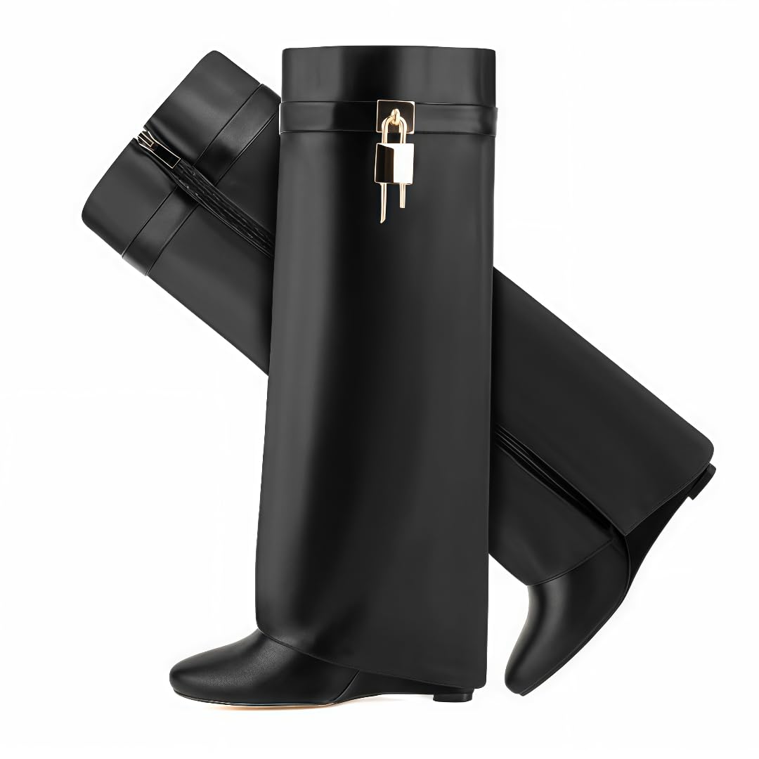 Pointy Pull-on Wedge Heel Knee Shark Boot Fold Over Boots for Women Lockup High-heeled Knee-high Boots