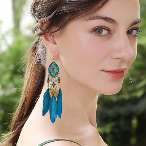 Dreuyet Boho Long Feather Drop Dangle Earrings for Women Retro Bohemian Ethnic Fringe Multicolor Tassel Feather Earring Handmade Statement Dream Catcher Earrings Jewelry (Turquoise Oval) by Dreuyet - Used condition - Image 5