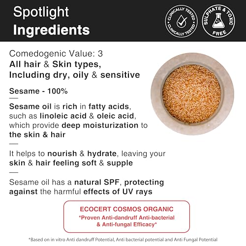 Image of Soulflower Organic Sesame Oil for Hair Growth, Reduce Hair Fall, Moisturuzer, Prevents Dandruff, 100% Pure, Ecocert Organic Certified, Natural, No Mineral Oil & Preservatives, 225ml (Pack of 2)