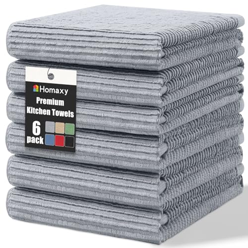 Homaxy Premium Kitchen Towels (18'x 28', 6 Pack), Large 100% Cotton Kitchen Hand Towels, Ultra Absorbent Ribbed Terry Tea Towels Set with Hanging Loop, Grey