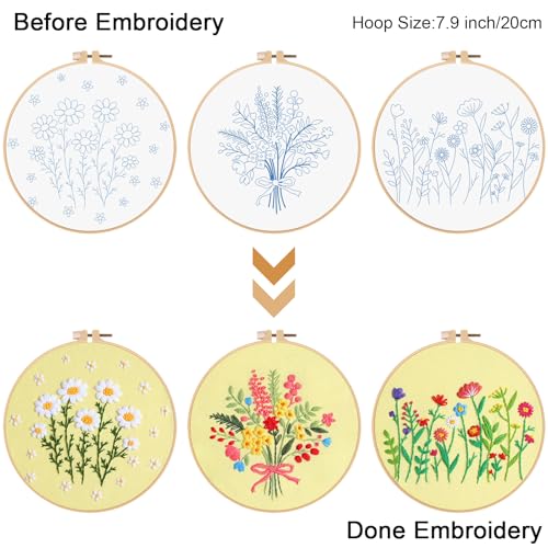 Image of Louise Maelys 3 Sets Flowers Embroidery Kits for Beginners,Cross Stitch Kit for Adults,Starters DIY Needlepoint Including Daisy Florals Bouquet Pattern,Hoop,Instruction and Threads