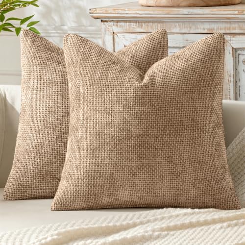 Image of MIULEE Pack of 2 Couch Throw Pillow Covers 18x18 Inch Khaki Camel Modern Boho Accent Decorative Pillow Covers Soft Chenille Farmhouse Cushion Covers for Home Decor Bed Sofa Living Room