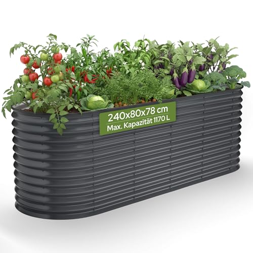 Arebos Hochbeet oval Metall 240x80x78 cm Anthrazit | Gartenbeet verzinkter Stahl rostfrei mit Gummikante 1170 L, Stabil mit Querstreben | Gemüsebeet ideal für den Garten | für Gemüse, Kräuter & Blumen